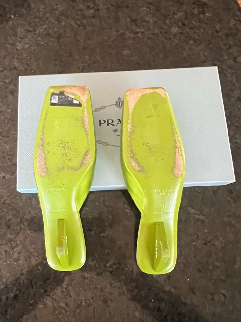 Prada Green Satin Square-Toe Kitten Heel Mules - Picture 6 of 7